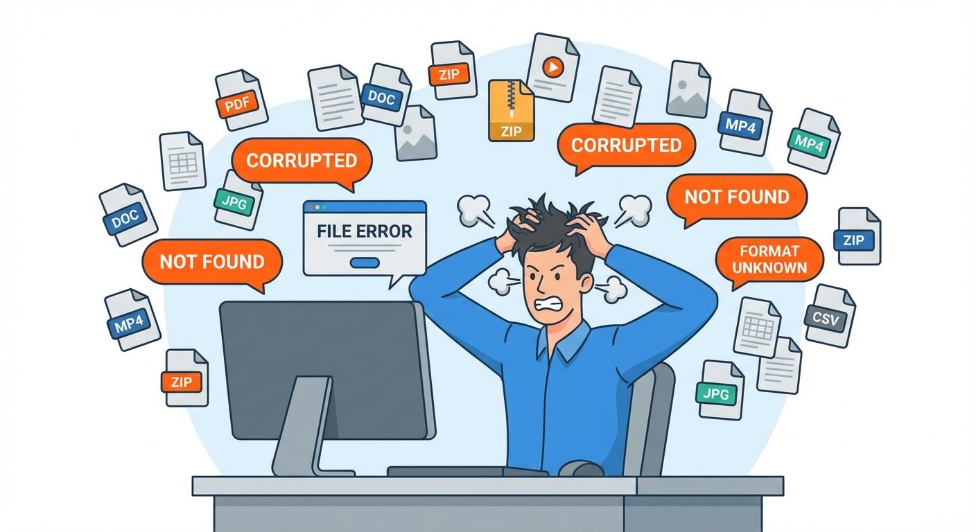 Frustrated user struggling with different file formats before using text converter tools online.