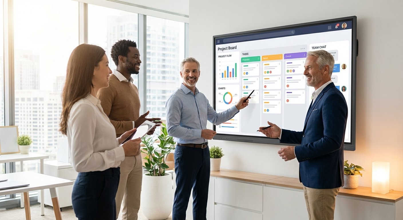 Happy team collaborating using online tools