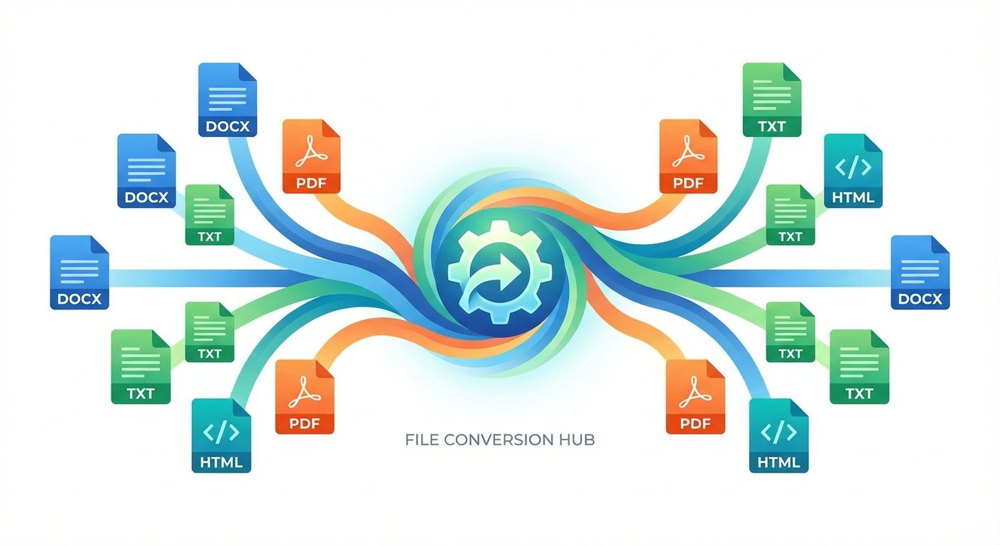 File format conversion: DOCX, PDF, TXT, and HTML transforming into a unified format