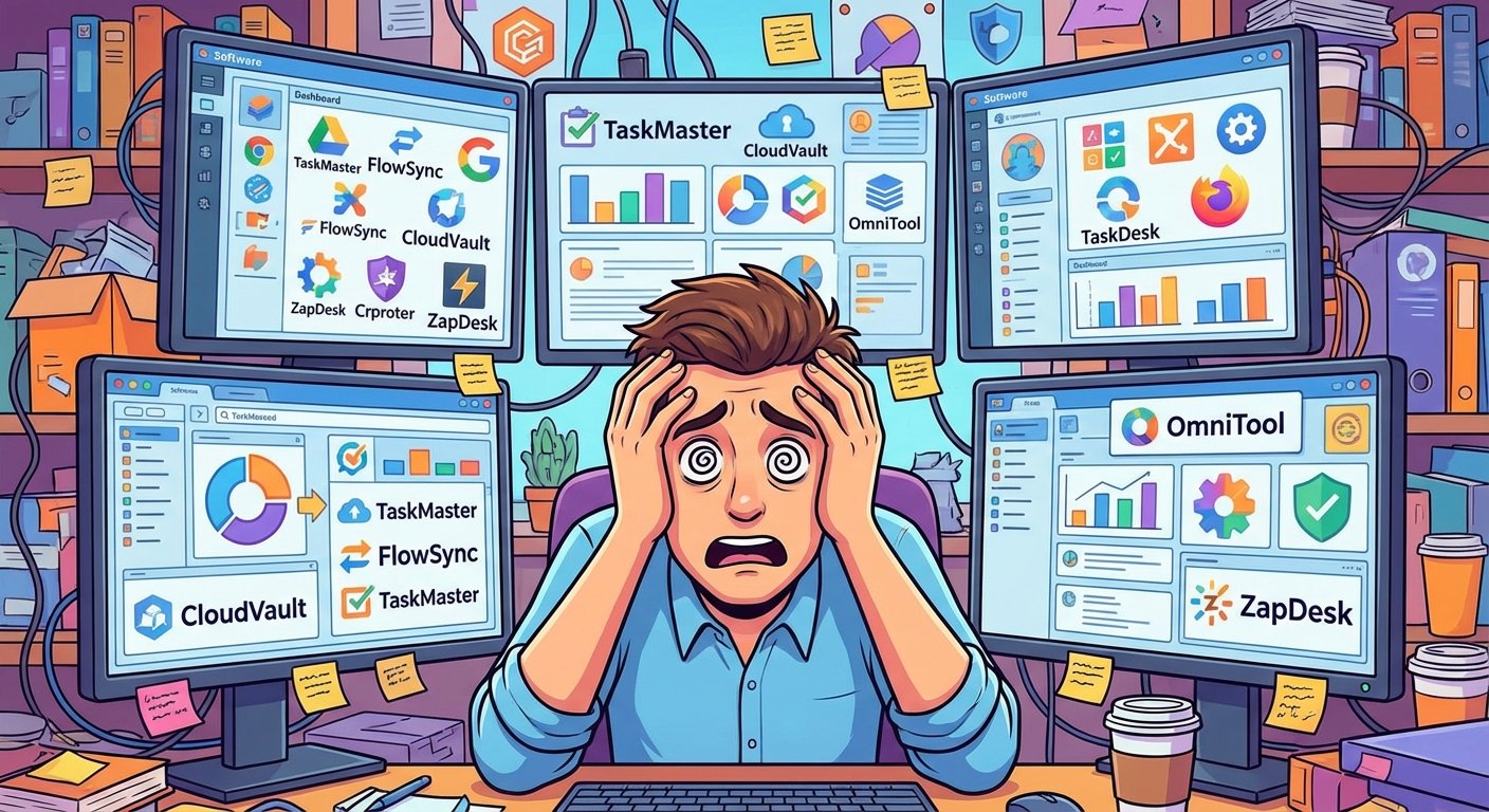 Person overwhelmed by too many software options