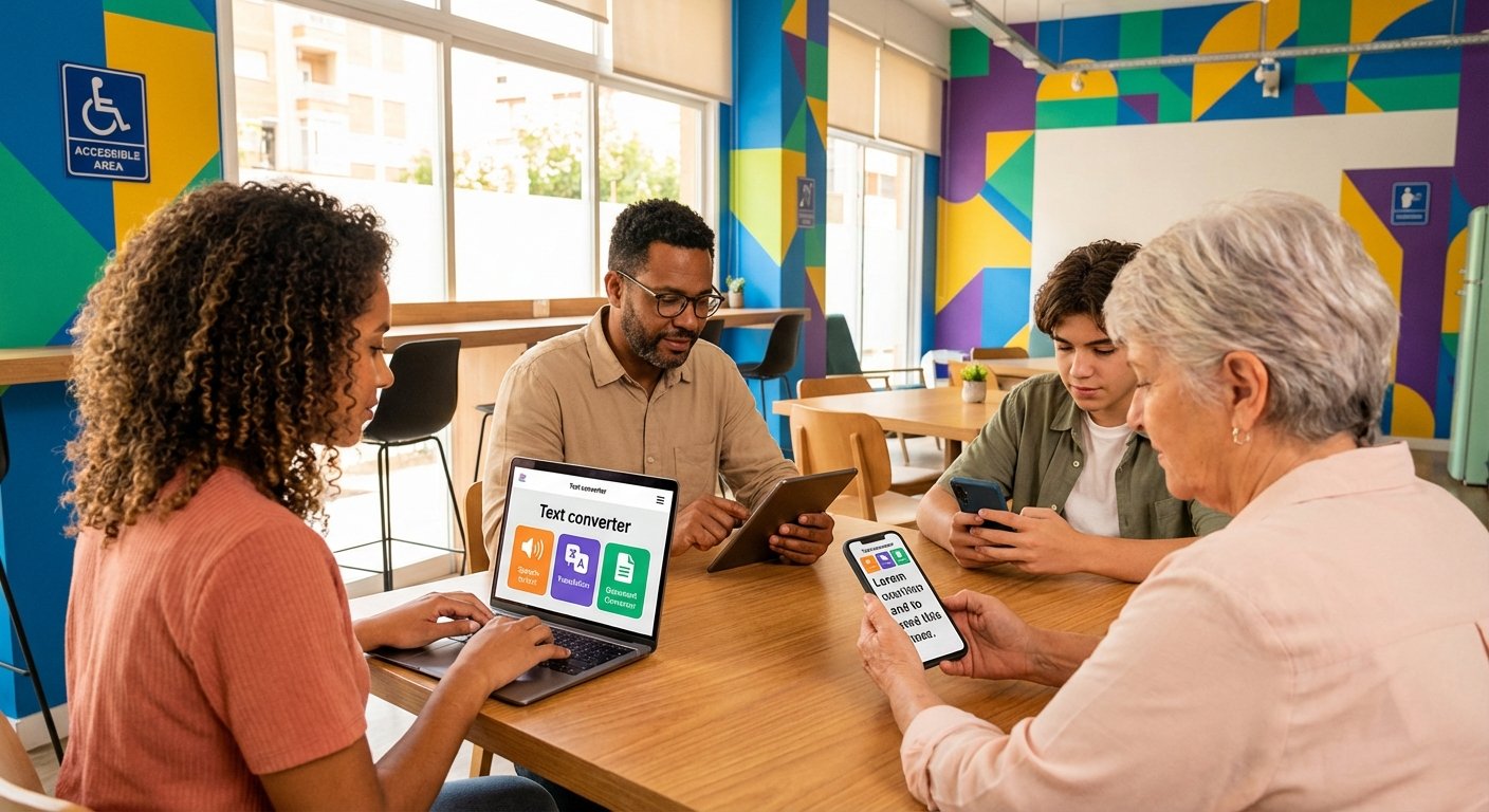 Diverse users benefiting from text converter tools online for various tasks and accessibility needs.