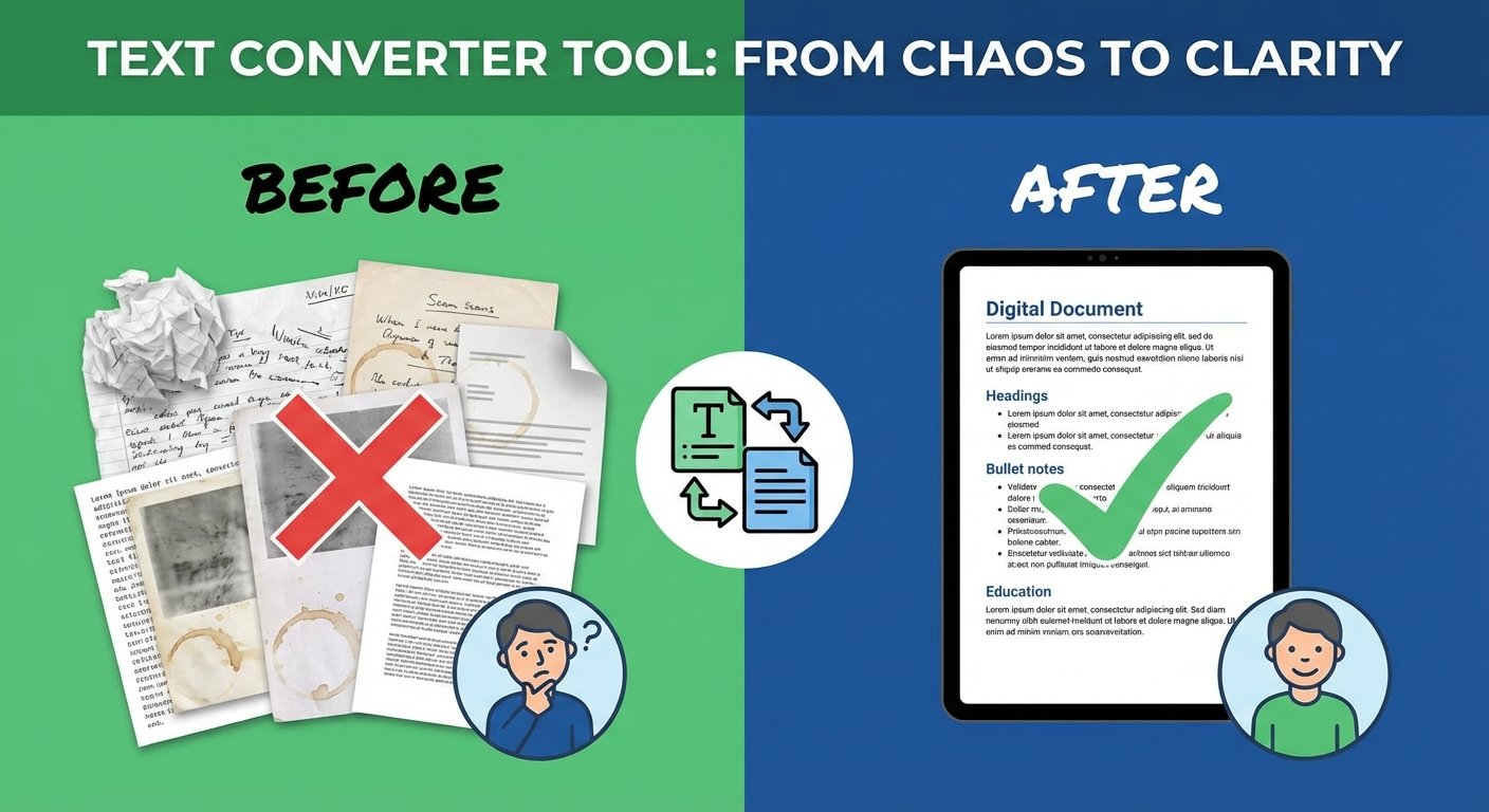 Before and after comparison showcasing the benefits of using text converter tools online.