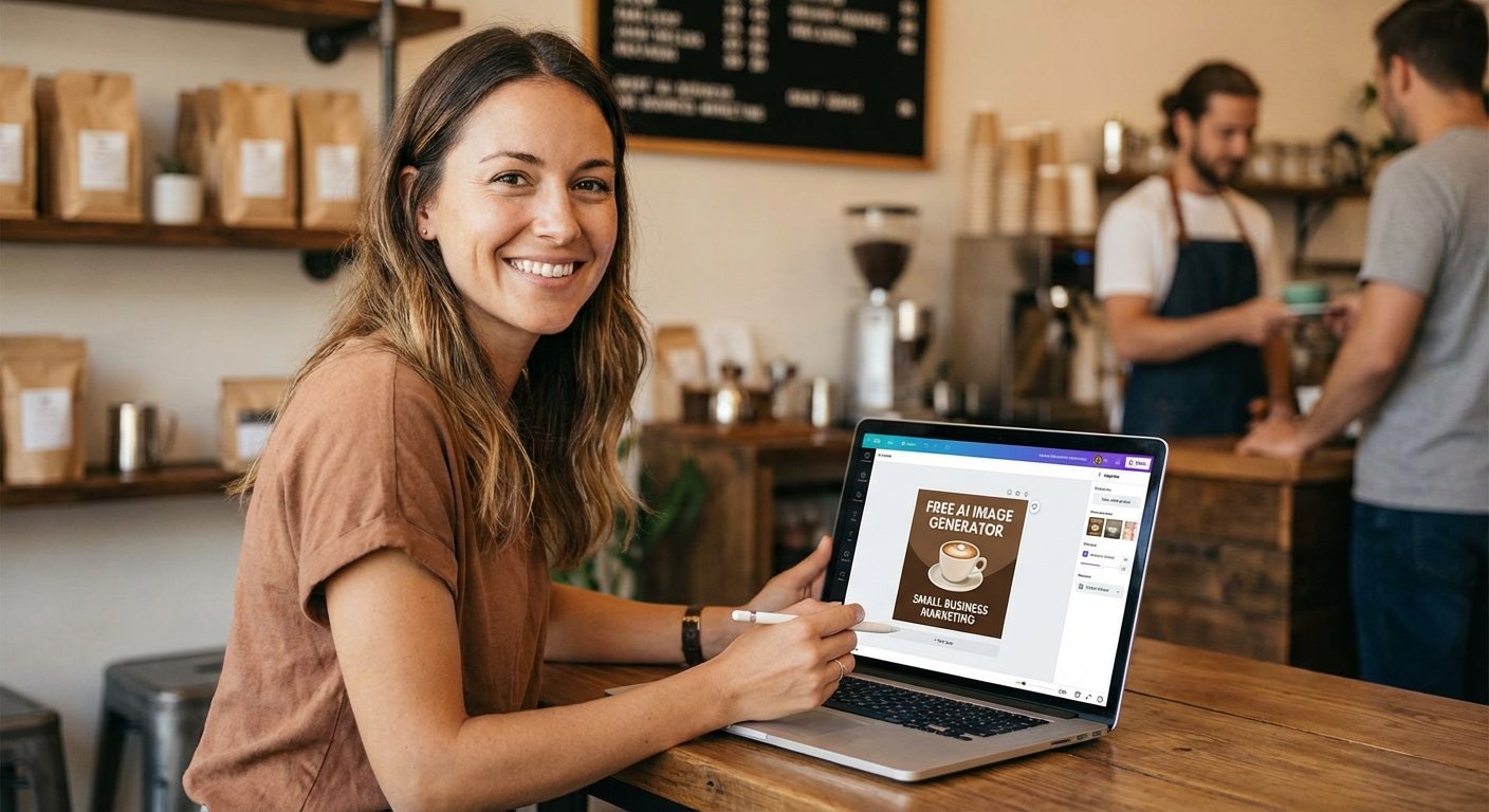 Small business owner using free AI image generator for marketing