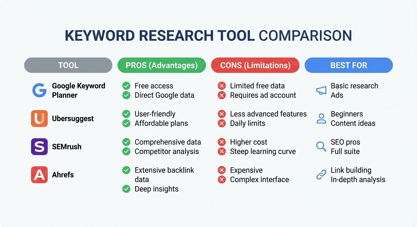 Comparison of popular keyword research tools: Google Keyword Planner, Ubersuggest, SEMrush, Ahrefs