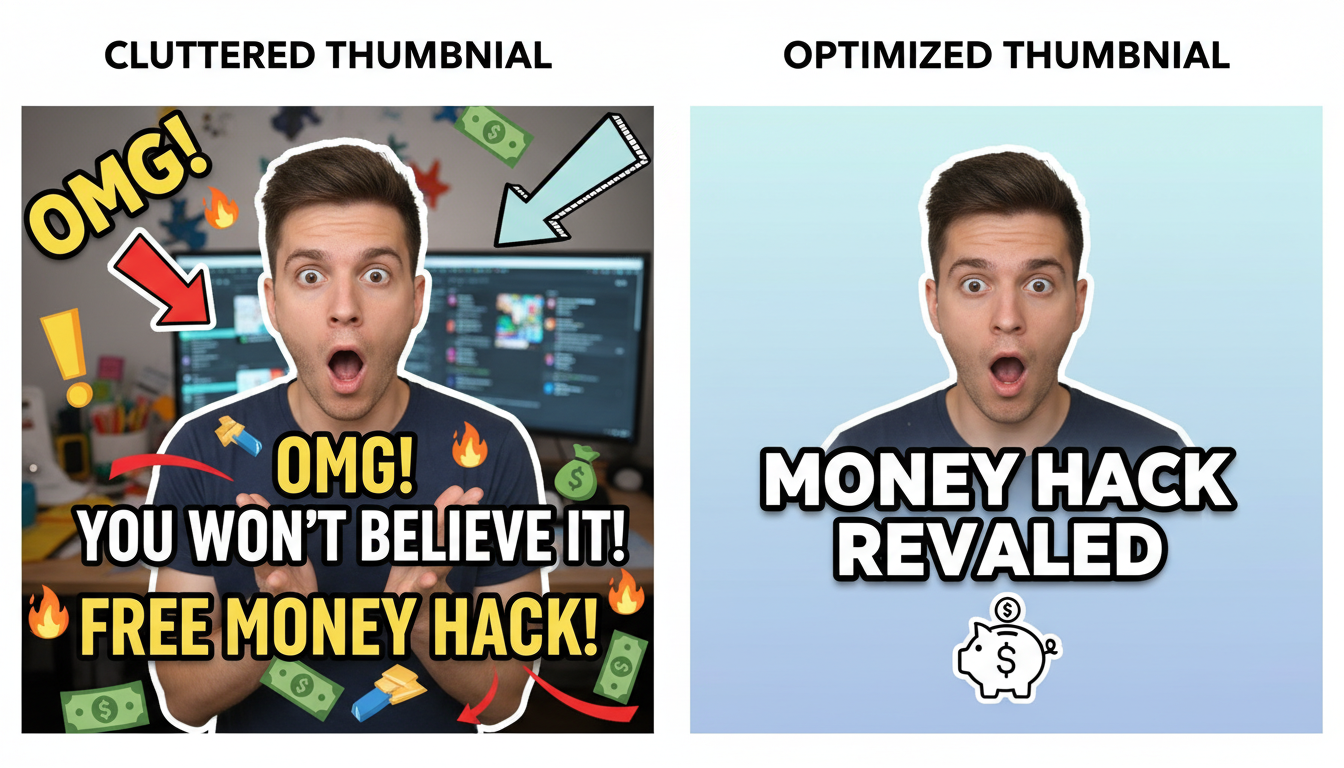 YouTube thumbnail hacks - comparison visual showing a cluttered thumbnail vs an optimized thumbnail with subject isolation and clean background