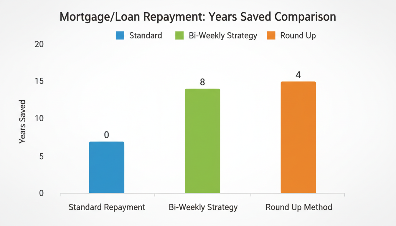 EMI calculator tips - comparison bar chart graphic showing 'Standard Repayment' vs 'Bi-Weekly Strategy' vs 'Round Up Method' and the years saved for each