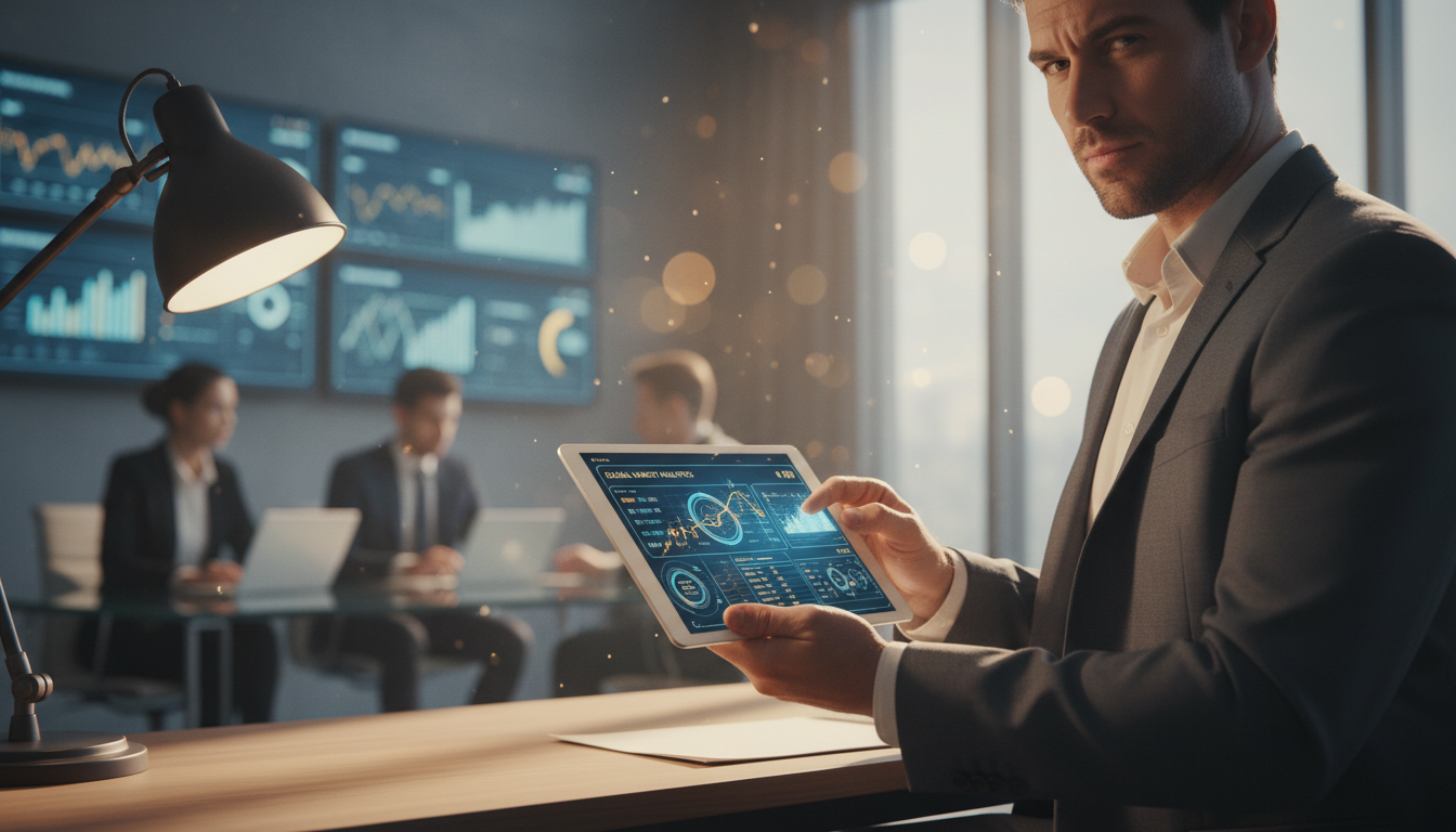 EMI calculator tips - cinematic photo of a person looking confident while analyzing a digital financial dashboard on a tablet, warm lighting, professional atmosphere