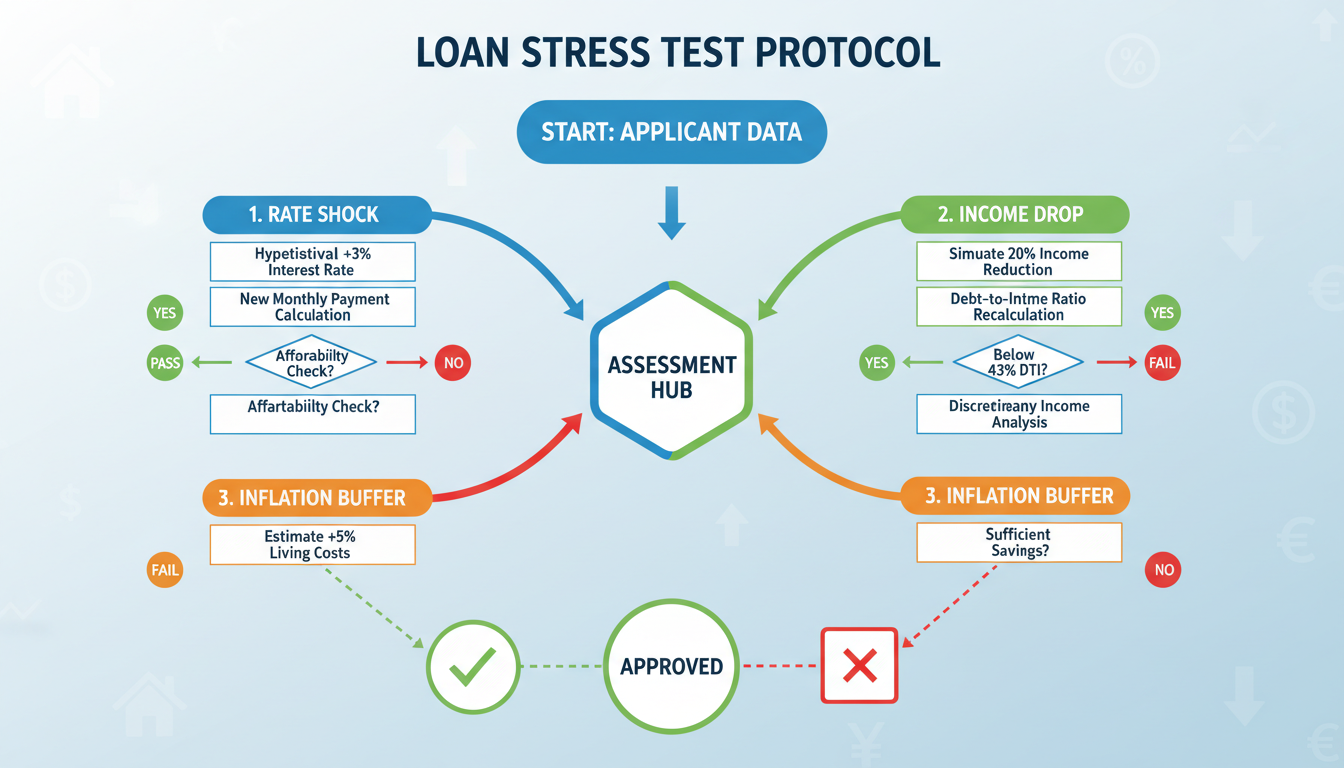 EMI calculator tips - detailed infographic flowchart showing the 'Loan Stress Test Protocol' with three branches: Rate Shock, Income Drop, and Inflation Buffer