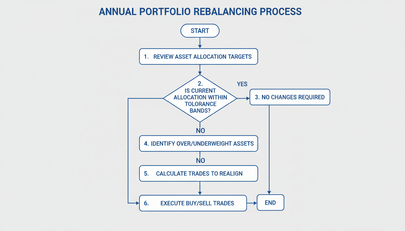 SIP strategies without market timing fails - flowchart diagram showing the annual portfolio rebalancing process step-by-step