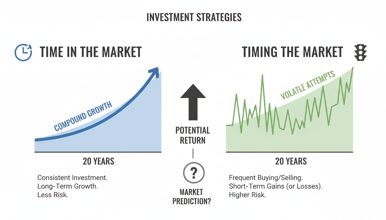 SIP strategies without market timing fails - professional minimalist infographic showing the difference between 'Time in the Market' vs 'Timing the Market' with growth curves
