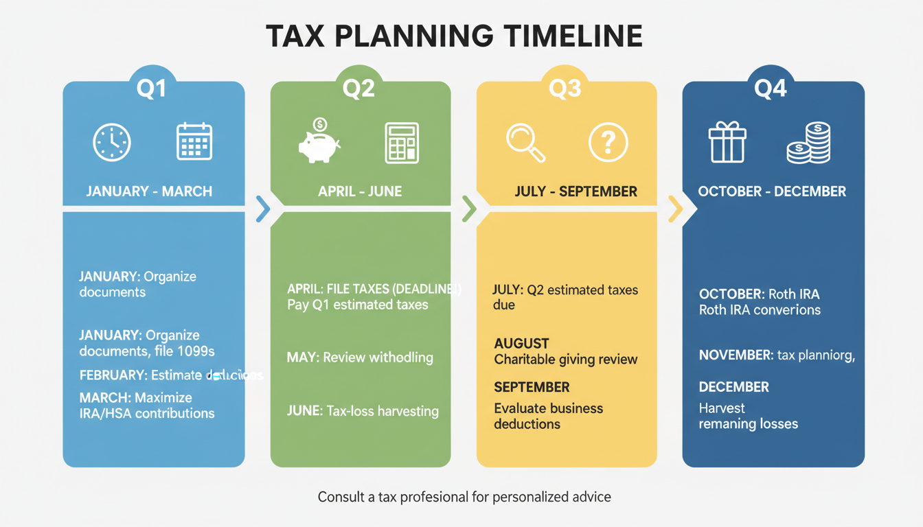 tax saving tips - infographic timeline showing tax moves to make in Q1 Q2 Q3 and Q4