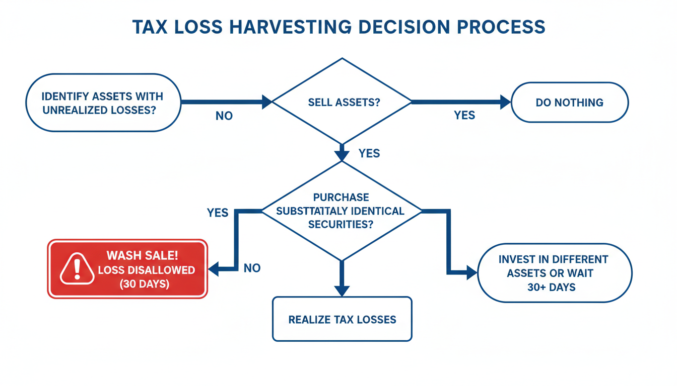 tax saving tips - flowchart showing the decision process for tax loss harvesting including wash sale warning