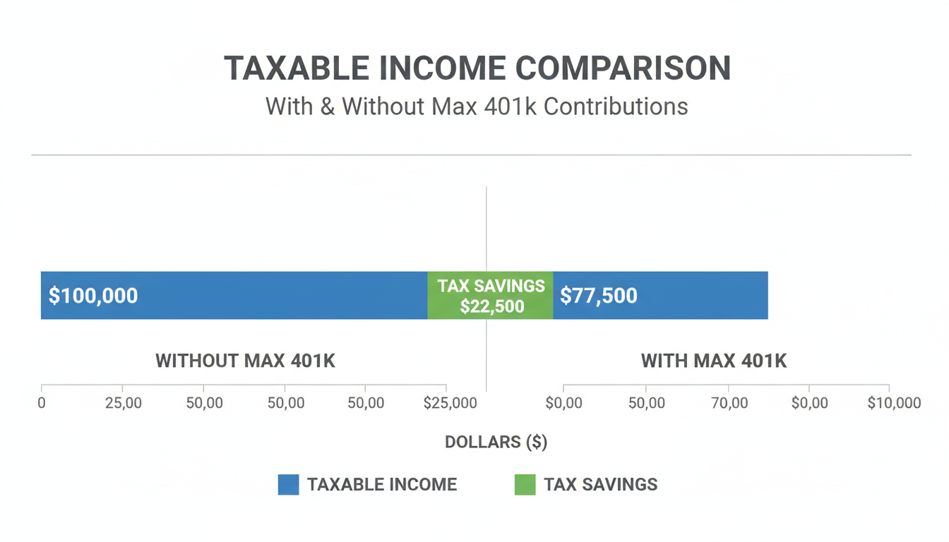 tax saving tips - bar chart comparing taxable income with and without max 401k contributions showing tax savings in green