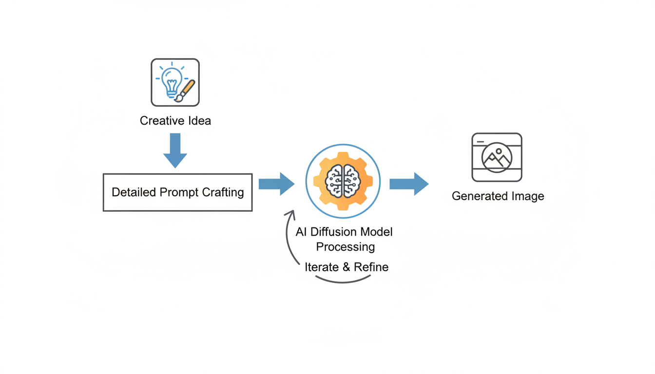 A professional minimalist flowchart showing the workflow of AI image generation. It starts with a 'Creative Idea' icon, moves to a 'Detailed Prompt Crafting' text box, then to an 'AI Diffusion Model Processing' gear icon, and finally to a 'Generated Image' photo icon, with a feedback loop arrow labeled 'Iterate & Refine' pointing back to the prompt box.