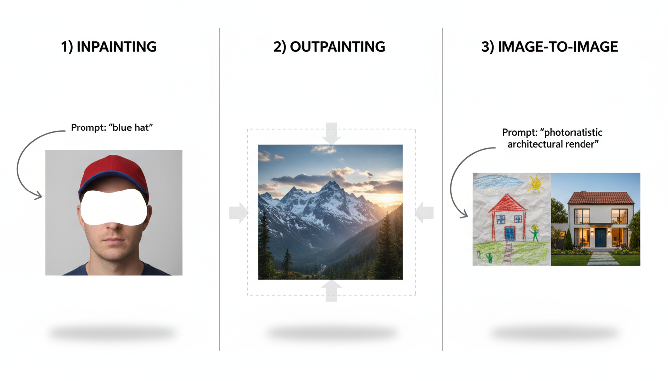 A clear, educational diagram illustrating the difference between advanced AI techniques. It shows three panels: 1) 'Inpainting' with a picture of a person wearing a red hat, where the hat is masked and the prompt 'blue hat' changes its color. 2) 'Outpainting' with a central image of a mountain, showing how the canvas is extended to reveal a wider landscape. 3) 'Image-to-Image' showing a child's crayon drawing of a house being transformed into a photorealistic architectural render.