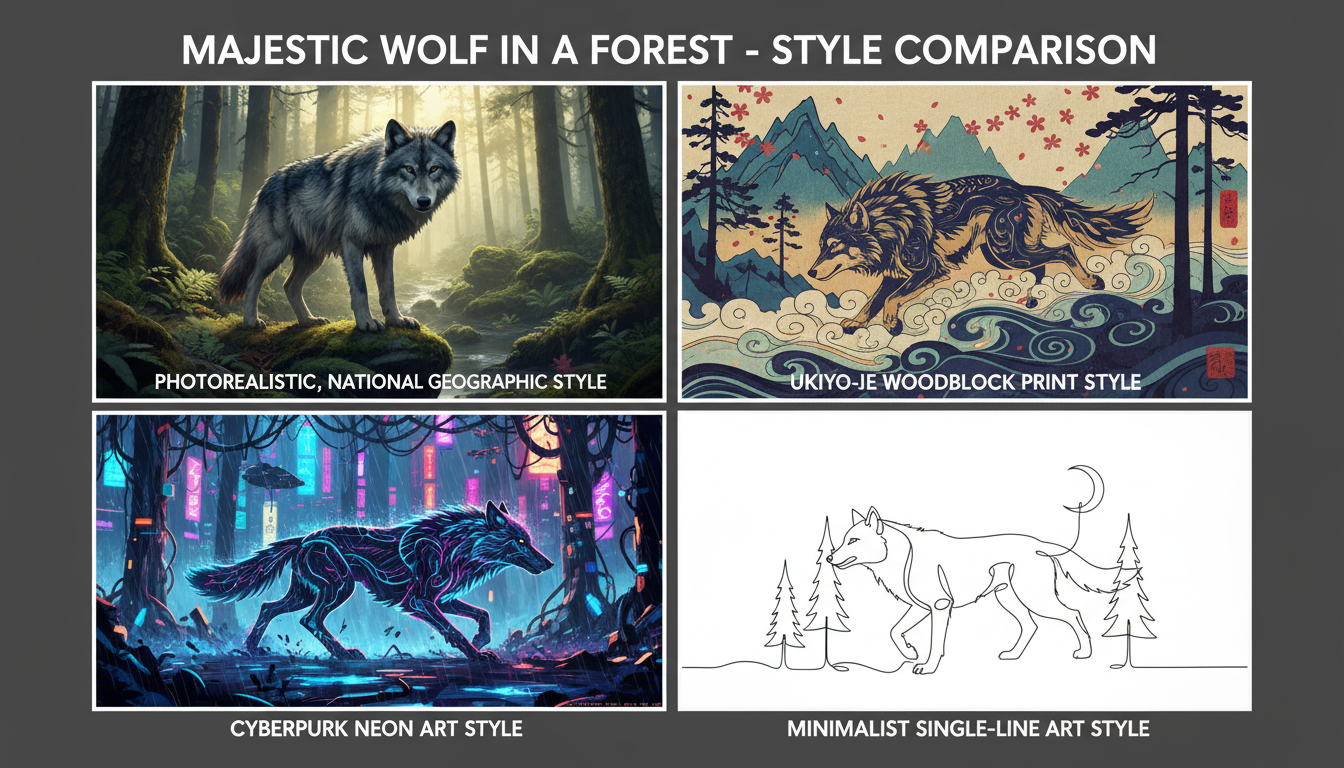 A high-quality graphic comparing four images of the same subject, 'a majestic wolf in a forest', generated with different style prompts. Image 1 is 'Photorealistic, National Geographic style'. Image 2 is 'Ukiyo-e woodblock print style'. Image 3 is 'Cyberpunk neon art style'. Image 4 is 'Minimalist single-line art style'. Each image is clearly labeled with its style.