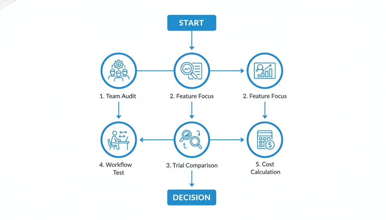 Semrush vs Ahrefs - A minimalist flowchart diagram illustrating the 5-step process for choosing an SEO tool, with icons for each step: 'Team Audit', 'Feature Focus', 'Trial Comparison', 'Workflow Test', and 'Cost Calculation'.