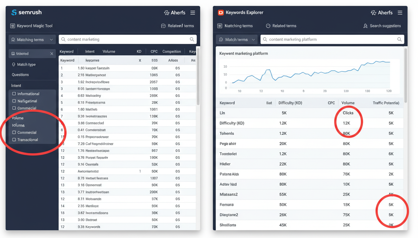 Semrush vs Ahrefs - A side-by-side screenshot comparison of the Semrush Keyword Magic Tool interface and the Ahrefs Keywords Explorer interface, highlighting the 'Intent' filter on Semrush and the 'Clicks' metric on Ahrefs.