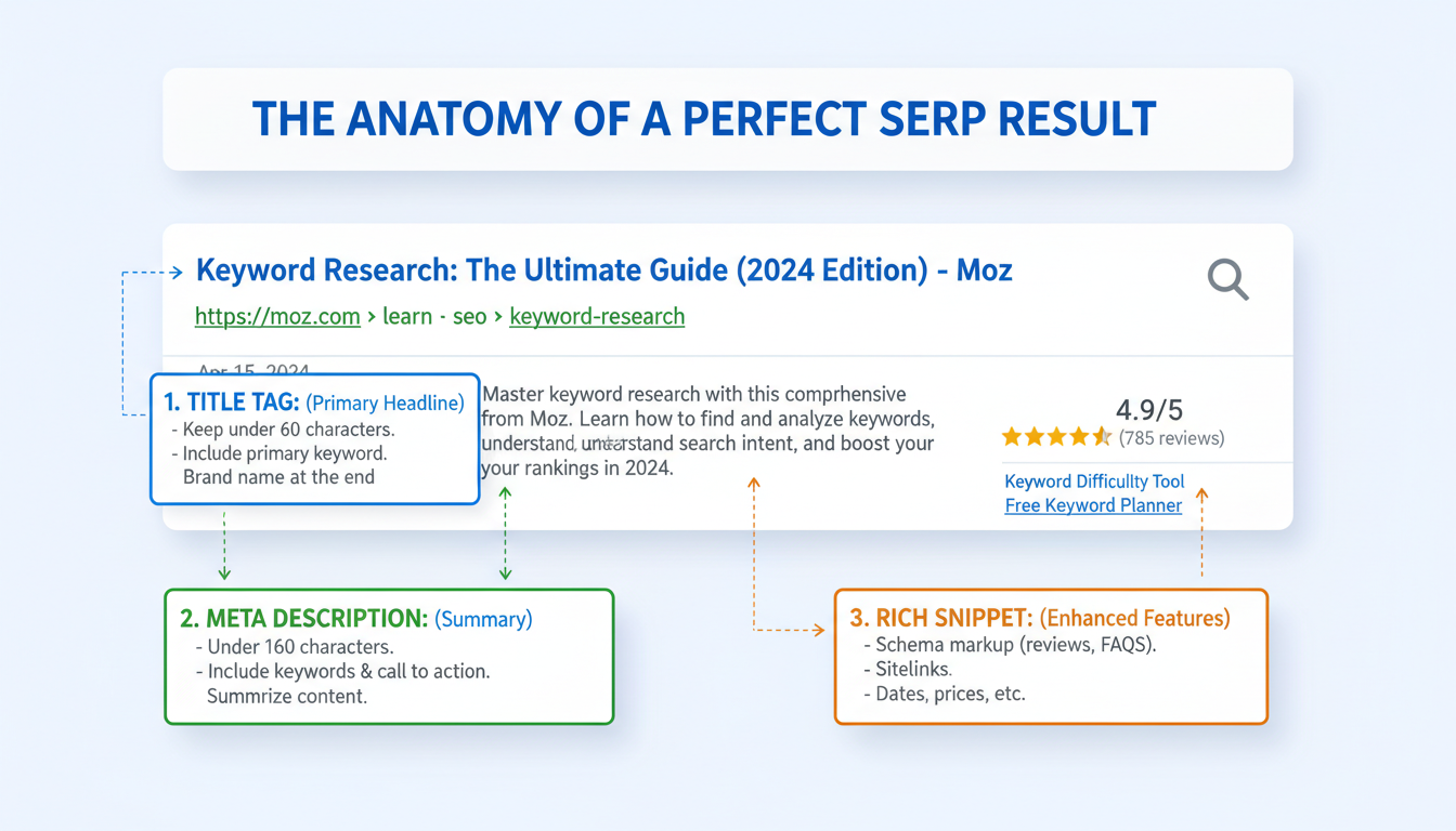 meta tag generator - detailed infographic showing a Google search result snippet with callouts explaining the Title Tag, Meta Description, and Rich Snippet elements, labeled 'The Anatomy of a Perfect SERP Result'