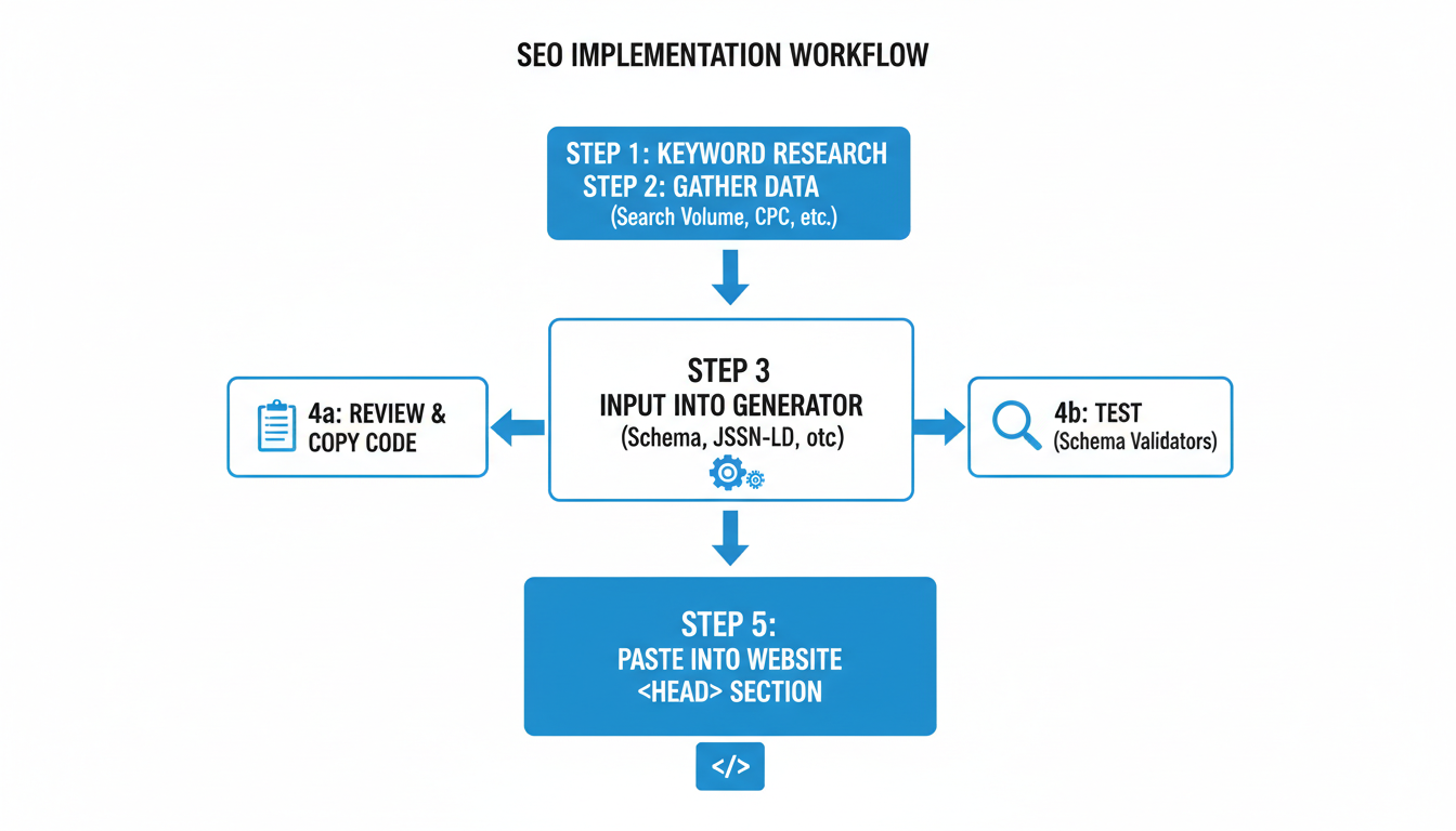 meta tag generator - step-by-step process flowchart illustrating the workflow from keyword research to inputting data into a generator and finally pasting code into the website header