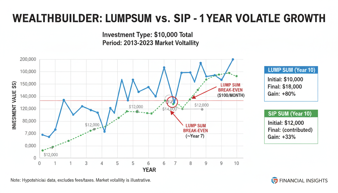 SIP vs lump sum calculator - detailed infographic comparing the growth curve of a lump sum investment versus a SIP investment over a 10-year volatile period, highlighting the 'break-even' points