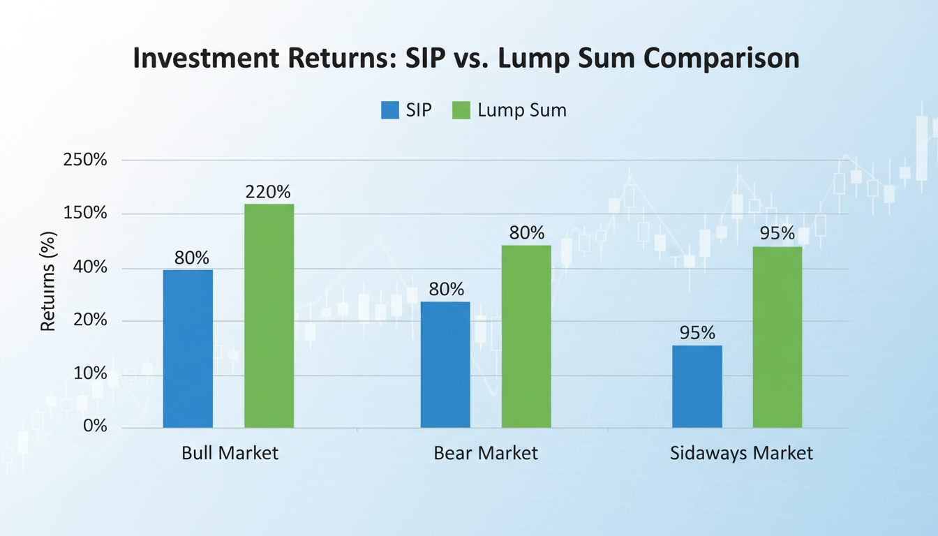 SIP vs lump sum calculator - bar chart comparison showing returns of SIP vs Lump Sum in three different market scenarios: Bull, Bear, and Sideways