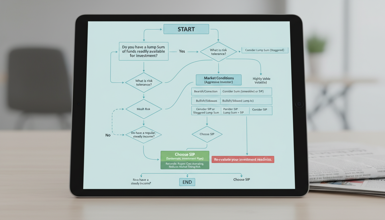 SIP vs lump sum calculator - decision tree flowchart helping a user decide between SIP and Lump Sum based on risk tolerance, available funds, and market conditions