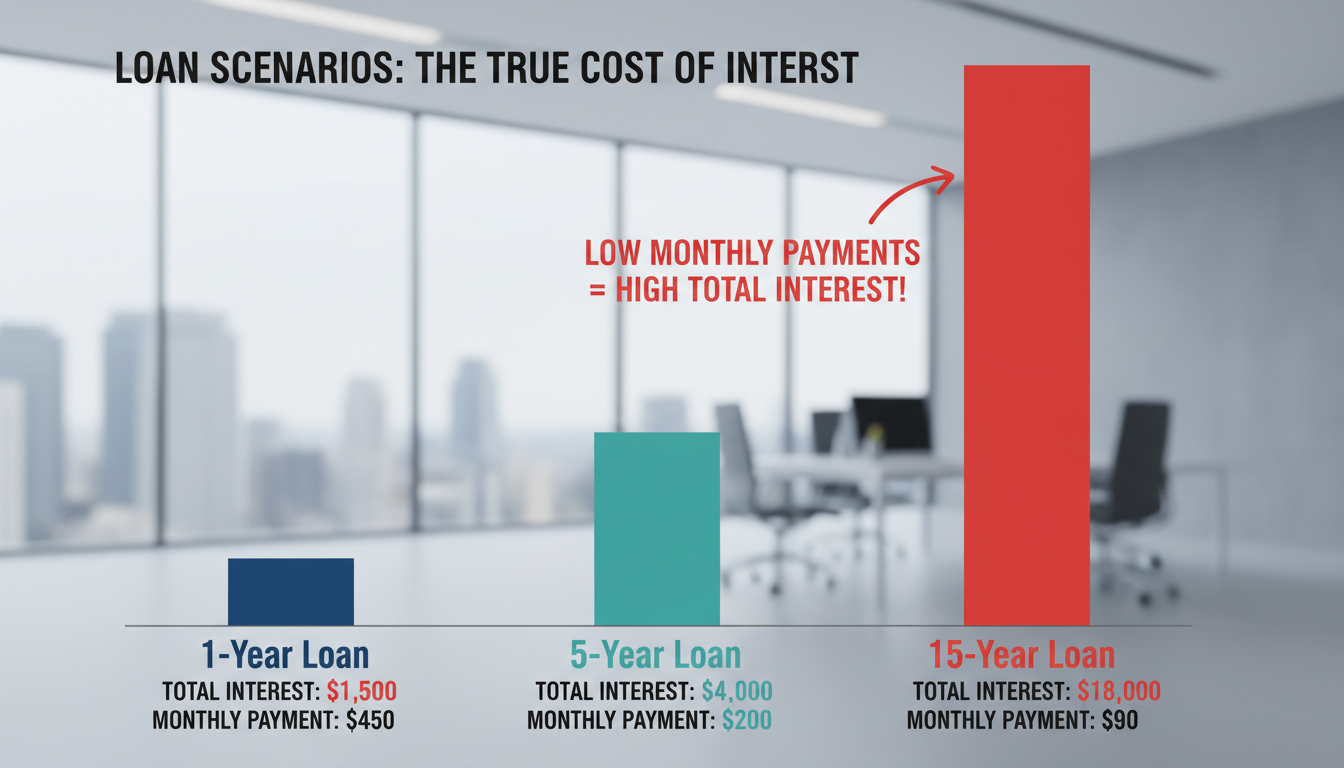 EMI calculator loan comparison - bar chart comparing total interest payable for the three scenarios above, visually emphasizing the high cost of long-term loans despite low monthly payments
