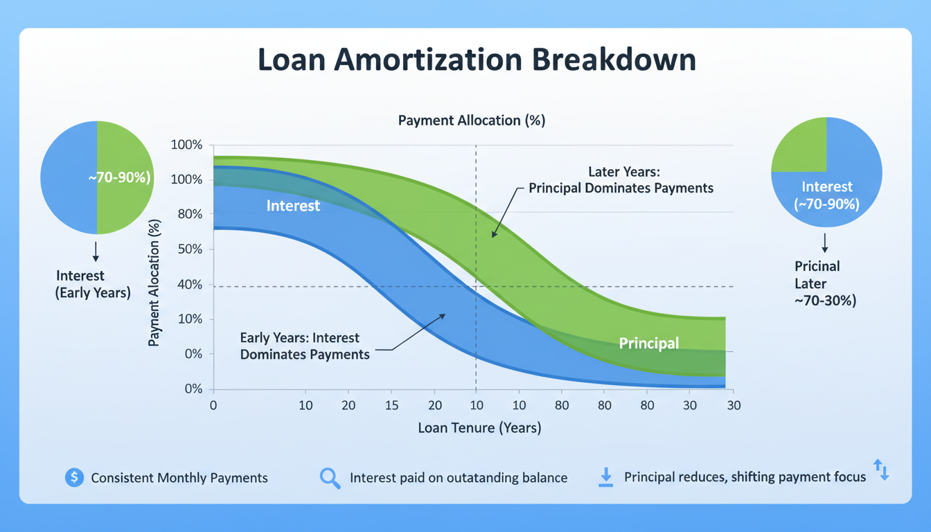 EMI calculator loan comparison - detailed infographic showing the amortization curve, highlighting how interest makes up the bulk of payments in the first half of a loan tenure vs principal in the second half