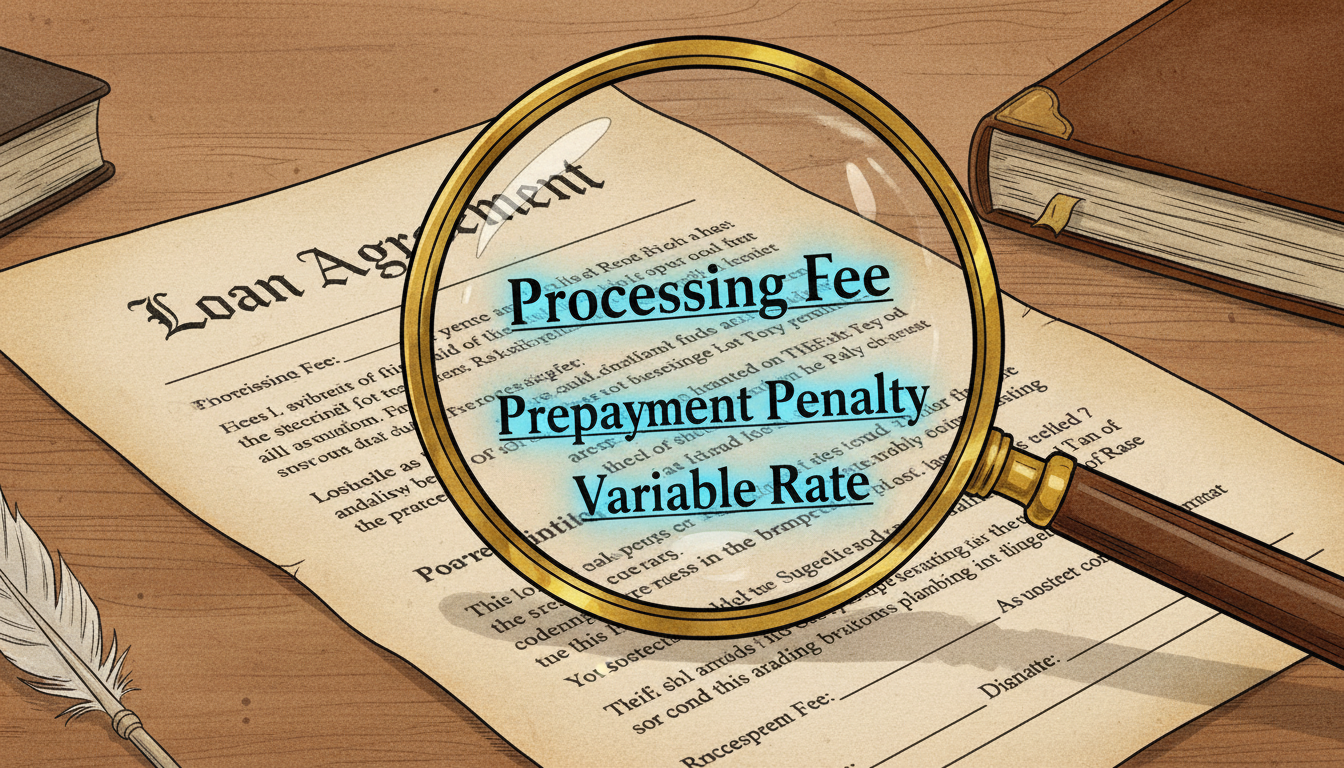 EMI calculator loan comparison - illustration of a magnifying glass hovering over a loan contract, highlighting terms like 'Processing Fee', 'Prepayment Penalty', and 'Variable Rate'