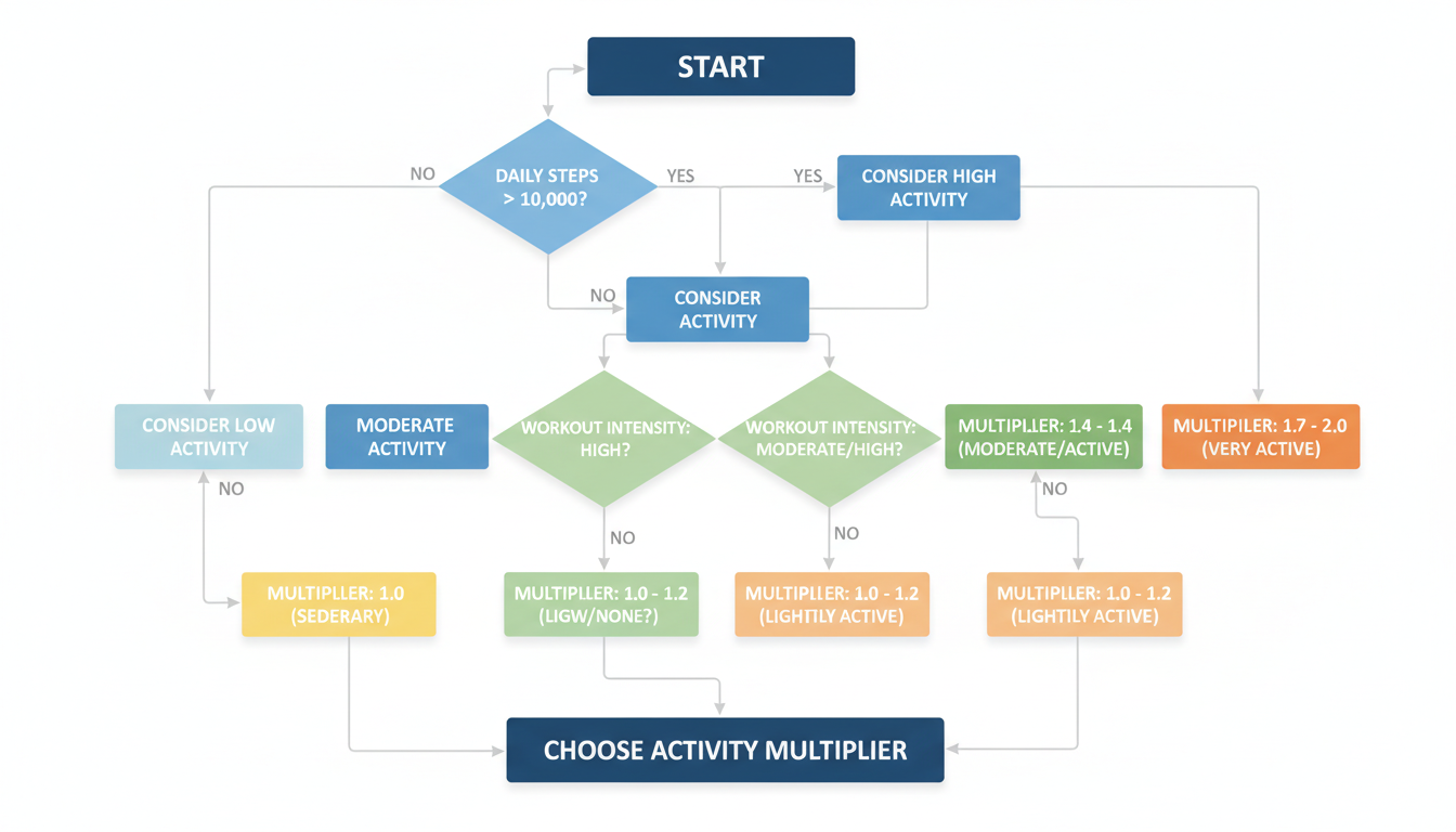 bmr calculator weight loss india fitness - detailed flowchart showing the decision tree for choosing the correct activity multiplier based on daily steps and workout intensity
