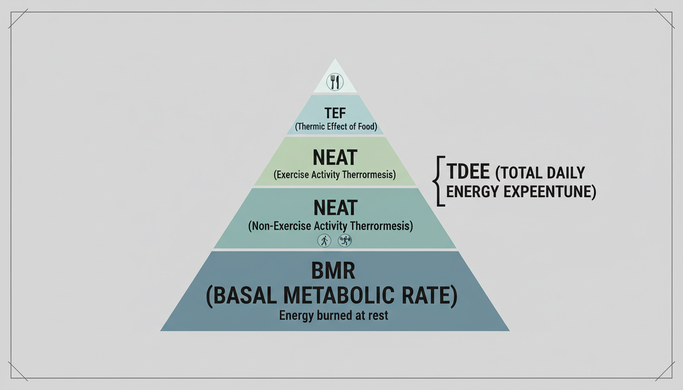 bmr calculator weight loss india fitness - professional minimalist infographic comparing BMR vs TDEE, showing BMR as the foundation of a pyramid and daily activity as the layers on top