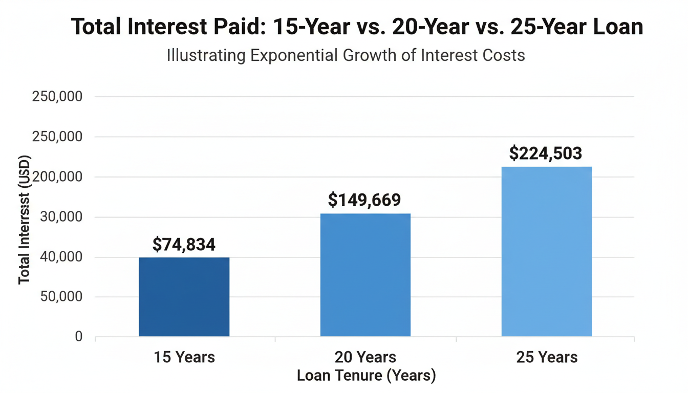 how to calculate home loan emi india - bar chart comparing total interest paid for 15-year vs 20-year vs 25-year tenures showing the exponential growth of interest costs