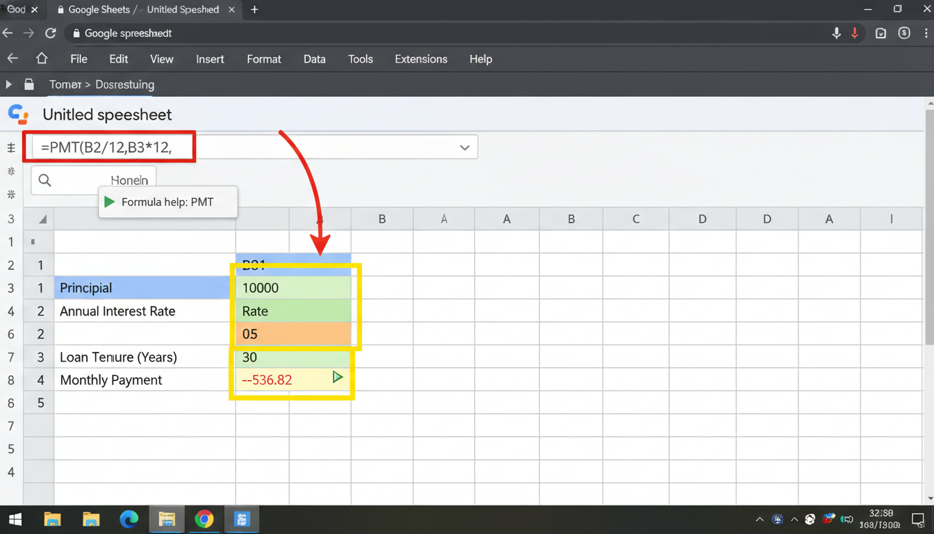 how to calculate home loan emi india - screenshot of a Google Sheet showing the PMT function in action with cells highlighted for Principal, Rate, and Tenure