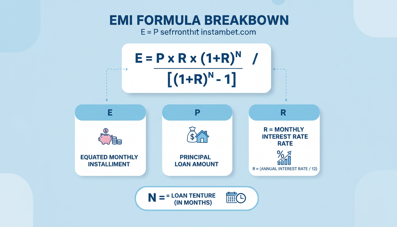 how to calculate home loan emi india - detailed infographic breaking down the EMI formula E = P x R x (1+R)^N / [(1+R)^N - 1