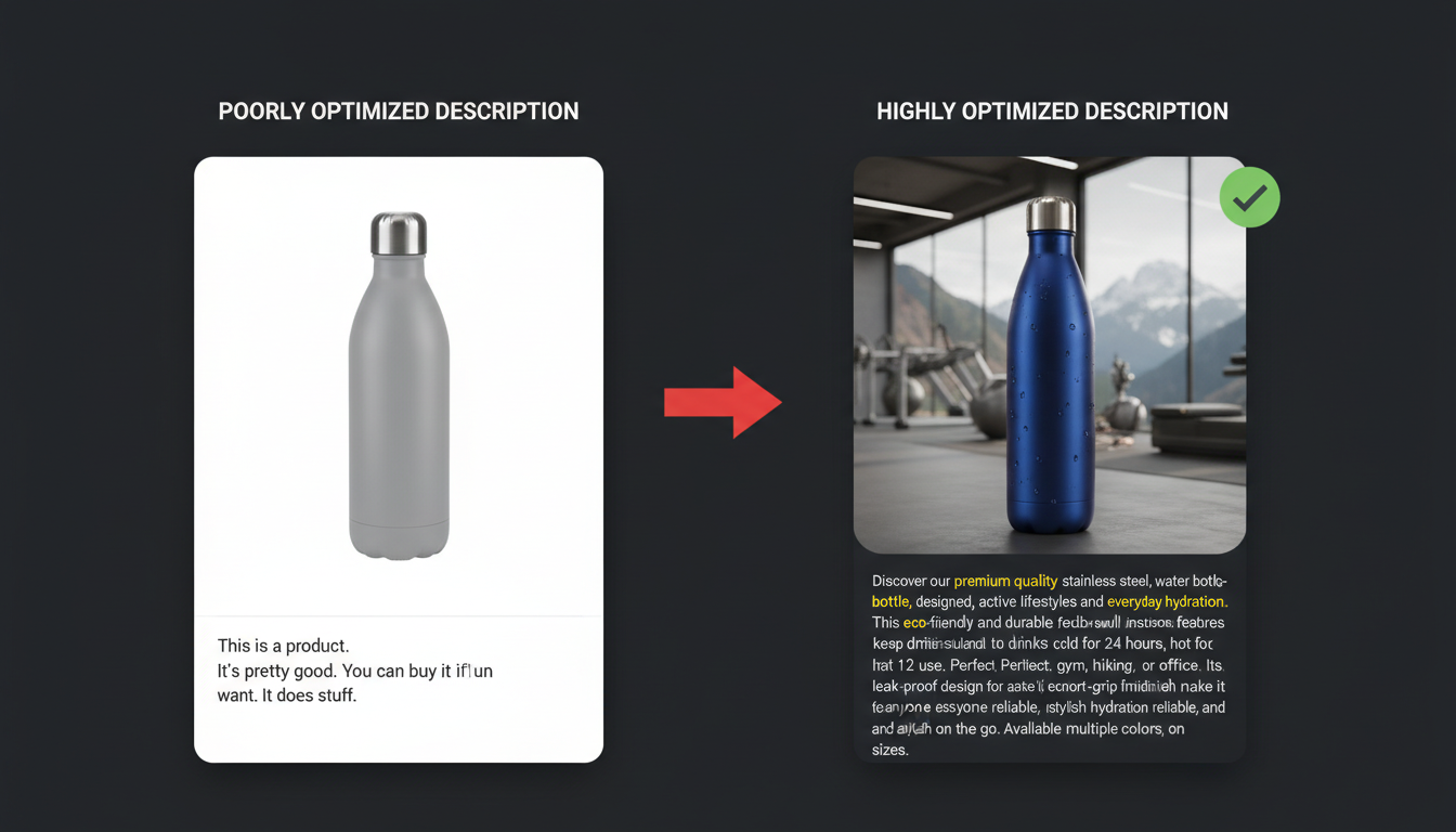 youtube tag extractor video seo guide - screenshot comparison showing a 'poorly optimized' description vs a 'highly optimized' description with keywords highlighted
