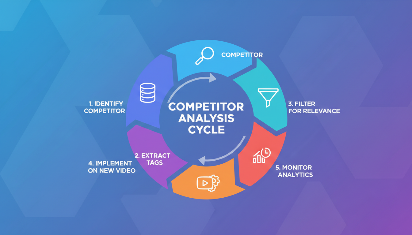 youtube tag extractor video seo guide - detailed infographic showing the cycle of competitor analysis: Identify Competitor -> Extract Tags -> Filter for Relevance -> Implement on New Video -> Monitor Analytics