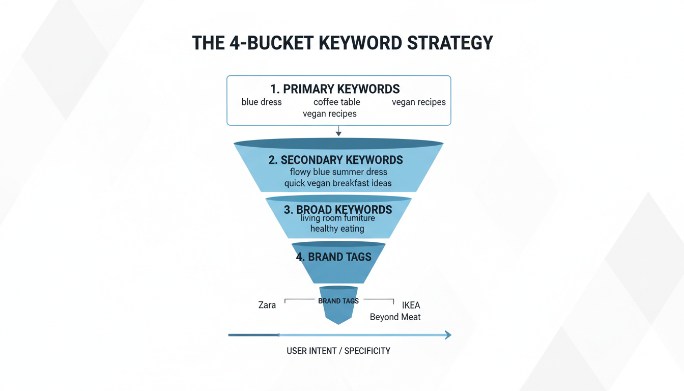 youtube tag extractor video seo guide - visual diagram illustrating the '4-Bucket Strategy' showing a funnel with Primary Keywords at the top, followed by Secondary, Broad, and Brand tags at the bottom