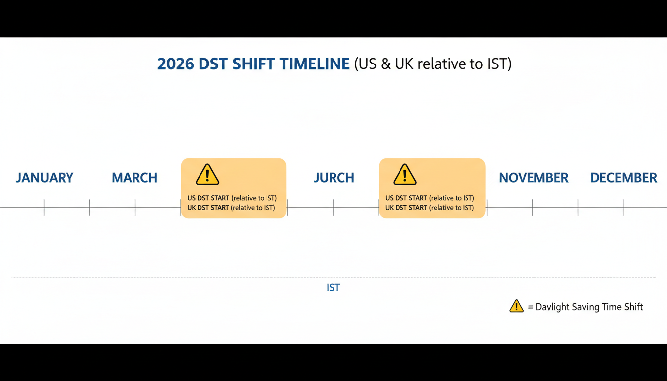 timezone converter remote work india - timeline chart showing the months of the year 2026, highlighting March and November with warning icons indicating DST shifts for US and UK regions relative to IST