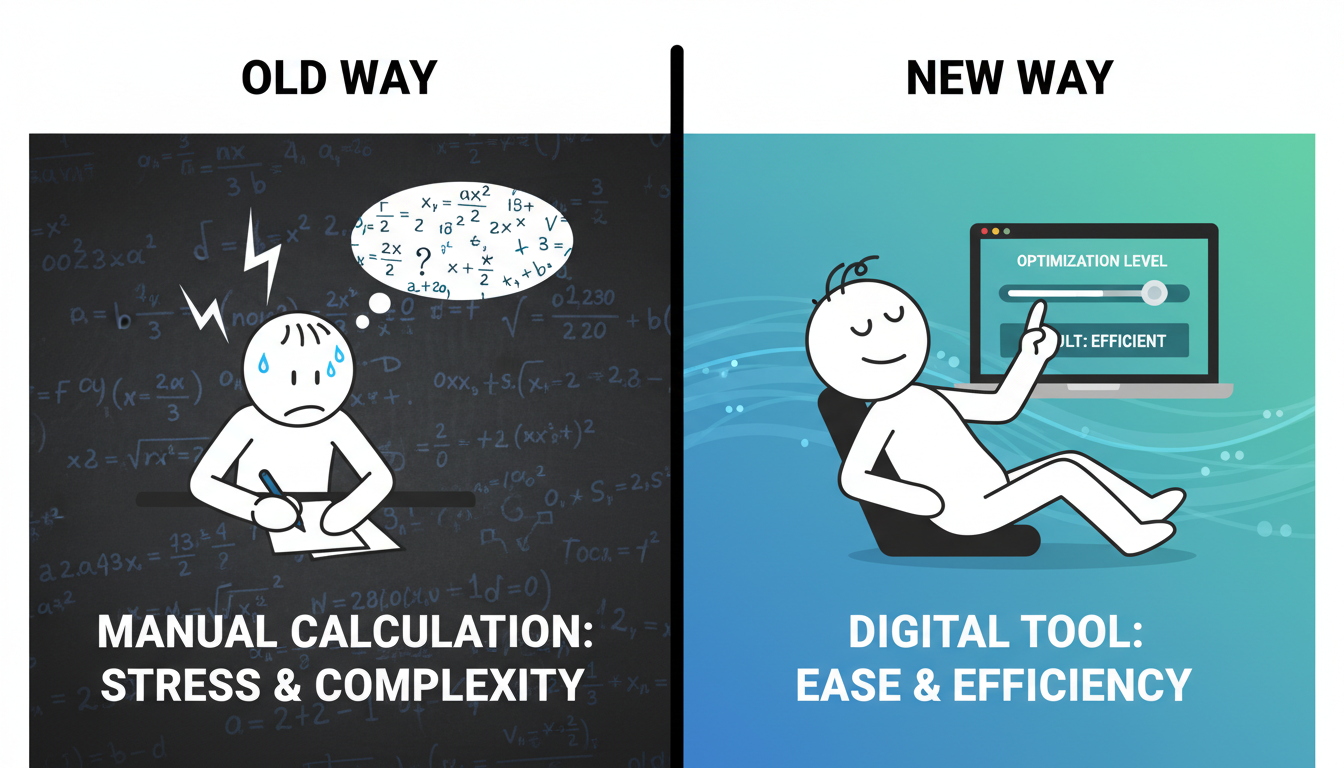 timezone converter remote work india - comparison infographic showing a stressed stick figure doing math equations versus a relaxed figure using a slider tool on a laptop screen