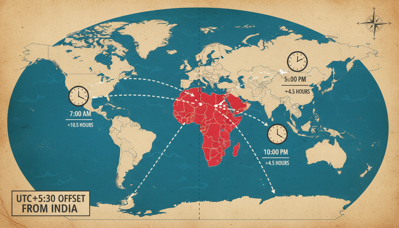 timezone converter remote work india - detailed map graphic showing the world with India highlighted in red, displaying the UTC+5:30 offset lines connecting to New York, London, and Sydney with clock faces showing the time differences