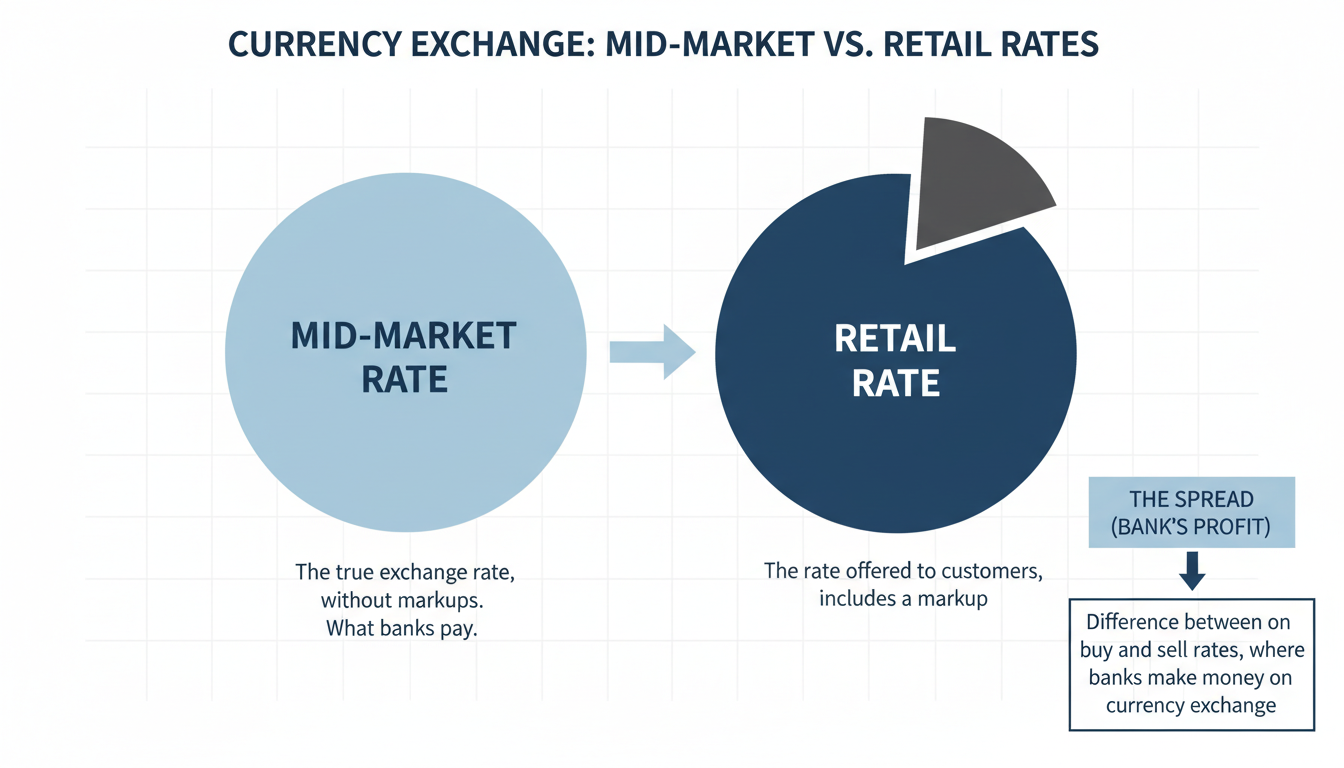 NRI remittance best rates - detailed infographic comparing the mid-market rate versus the retail rate, showing a 'slice' of the money being taken as the spread, visual style clean and financial