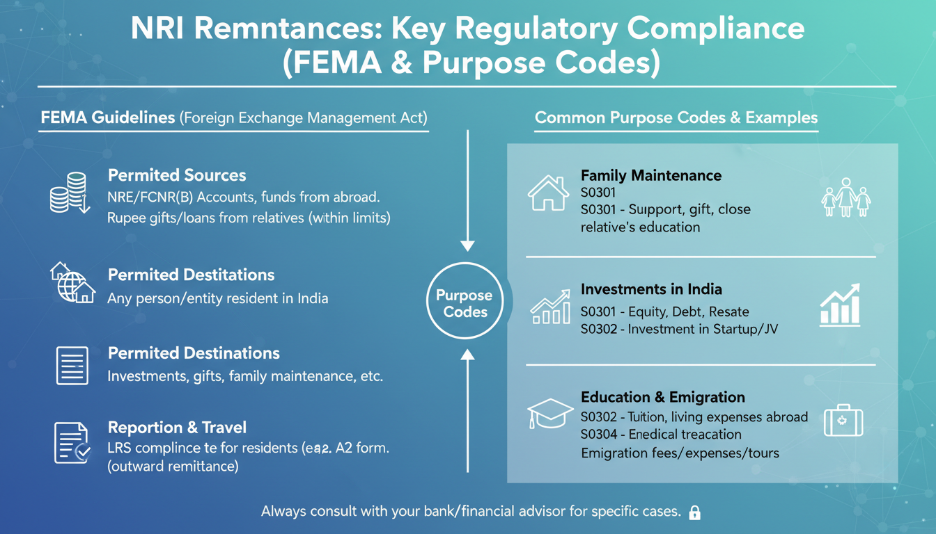 NRI remittance best rates - infographic summarizing the key regulatory compliance points for NRI remittances, focusing on FEMA guidelines and purpose codes
