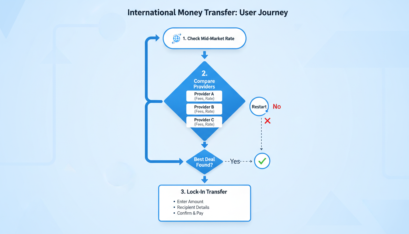 NRI remittance best rates - step-by-step flowchart illustration showing the user journey from checking the mid-market rate to comparing providers and finally locking the transfer