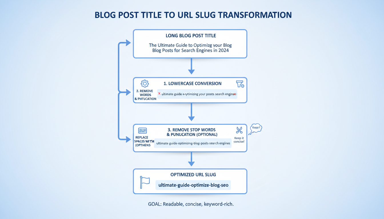SEO friendly URL slug - step-by-step process flowchart showing the transformation of a long blog post title into a concise, optimized URL slug
