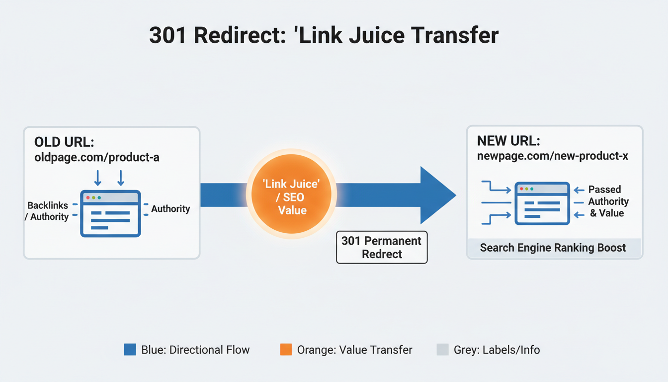 SEO friendly URL slug - technical diagram illustrating how a 301 redirect passes 'link juice' and authority from an old URL to a new URL
