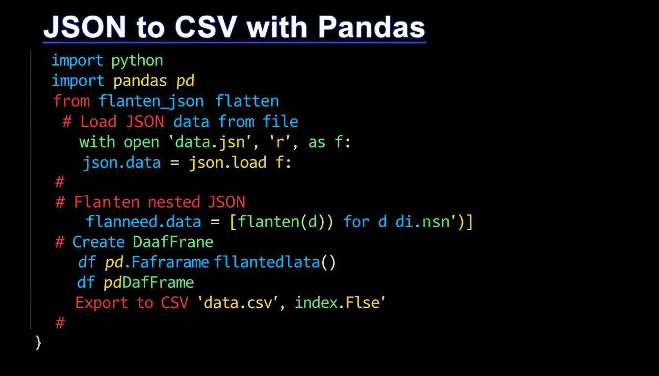 convert json file to csv excel - high contrast code snippet graphic showing a Python script using Pandas to load JSON and export to CSV, with syntax highlighting