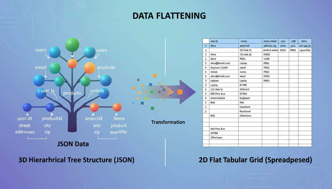 convert json file to csv excel - detailed infographic comparing a 3D tree structure of JSON data on the left transforming into a 2D flat spreadsheet grid on the right, illustrating the concept of data flattening