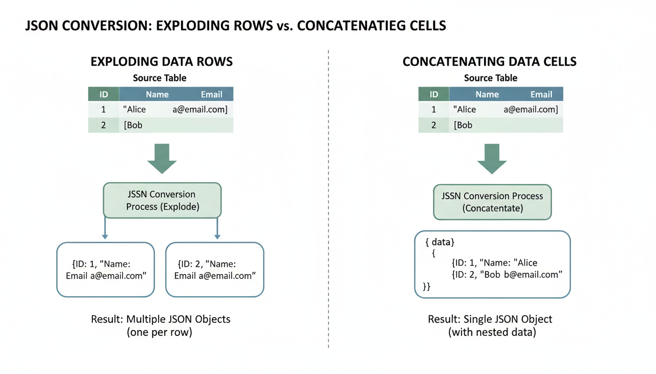 convert json file to csv excel - visual diagram showing the difference between 'Exploding' data rows versus 'Concatenating' data cells during JSON conversion