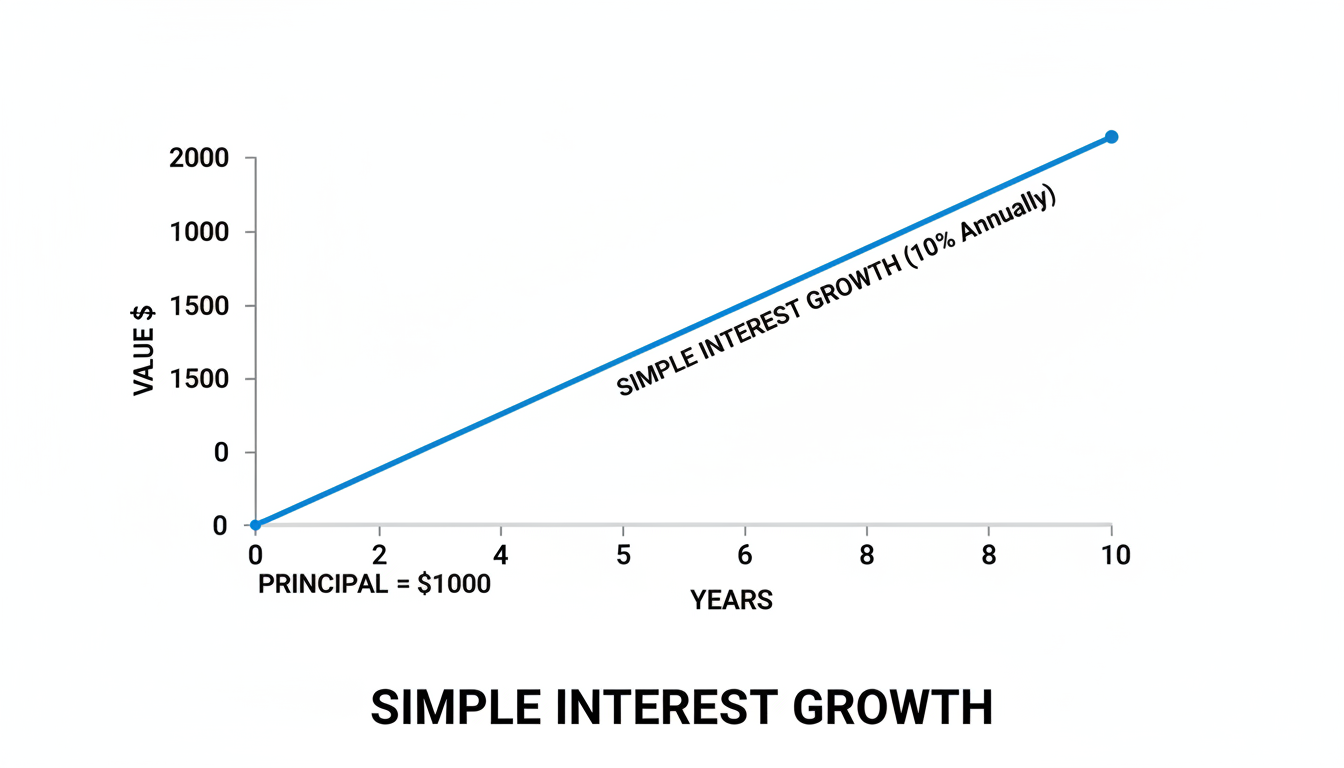simple interest vs compound interest formula - minimalist infographic showing a straight linear line graph representing simple interest growth over 10 years versus a flat line of the principal, clean modern design